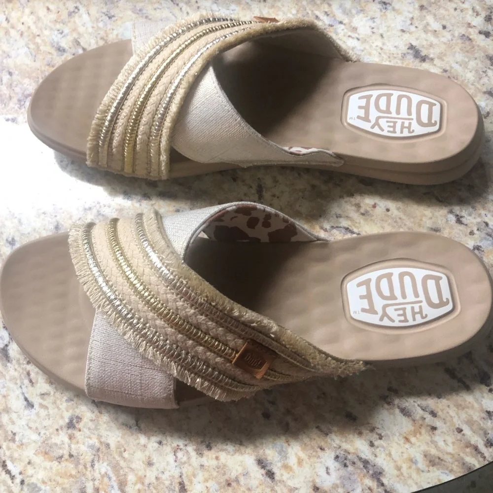 Hey Dude Women's Tan Slide Sandals with Metallic Trim